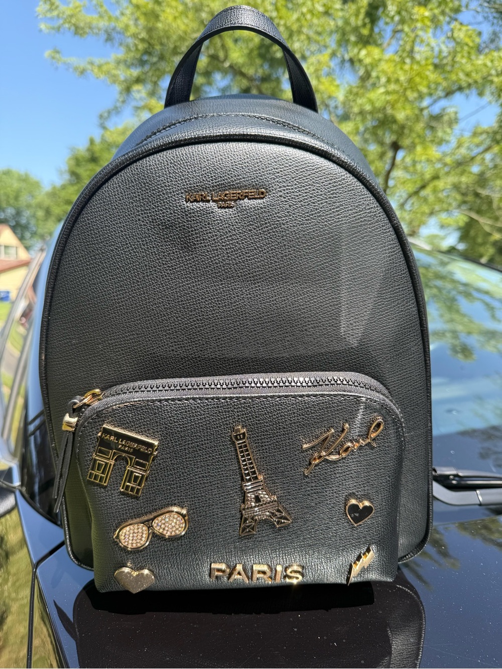 Karl Lagerfeld Black Backpack with Gold Paris Patches - Picture 2 of 8